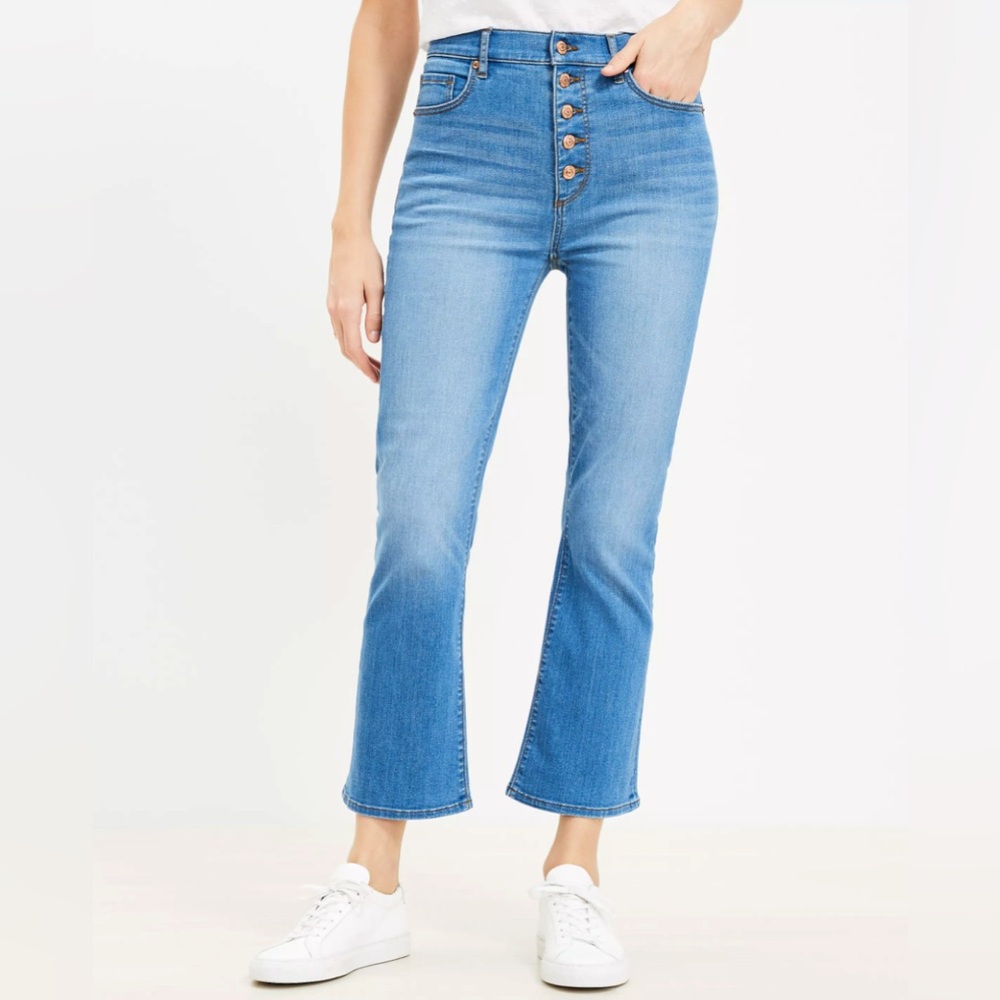 LOFT Button Front Cropped Kick Flare Jeans